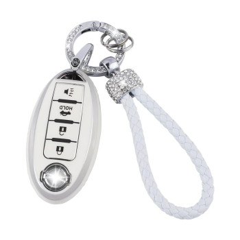 UHONSN for Nissan Key Fob Cover 4 Button Auto Start Soft TPU Smart Keyless Case Keys Protector Chain Cute Car Accessories Girly White