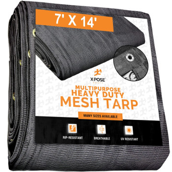 Xpose Safety Heavy Duty Mesh Tarp 7 x 14 - Multipurpose Black Protective cover with Air Flow - Use for Tie Downs, Shade, Fences, canopies, Dump Trucks - Weather and Tear Resistant