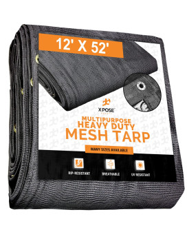 Xpose Safety Heavy Duty Mesh Tarp 12 x 52 - Multipurpose Black Protective cover with Air Flow - Use for Tie Downs, Shade, Fences, canopies, Dump Trucks - Weather and Tear Resistant