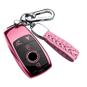 Compatible with Mercedes Benz Key Fob Cover with Keychain,Soft TPU 360 Degree Protection Key Shell Case for 2019-2021 A-Class C-Class G-Class 2017-2020 E-Class S-Class (Pink)