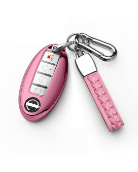 Autophone Compatible with Nissan Key Fob Cover with Leather Keychain Soft TPU Protection Key Case for Altima Maxima Rogue Armada Pathfinder Smart Key 3 4 5-Button (Pink)
