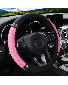 AUTOYOUTH Pink Steering Wheel Cover Women with Bling Bling Crystal Diamond Elastic Stretch Leather Universal 15 Inch Anti-Slip Breathable Car Wheel Protector for Most Cars, Vehicles, SUVs, Auto