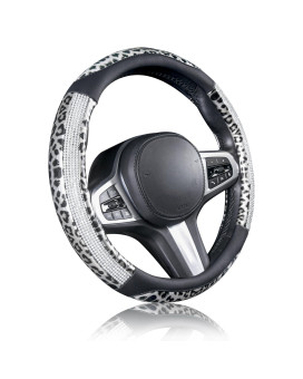 AUTOYOUTH Leopard Leather Steering Wheel Cover for Women Girls with Bling Bling Crystal Rhinestones Anti-Slip Cute Car Wheel Protector Universal 15 Inch Fit for Vehicle, Car, Auto, SUV, Black Silver