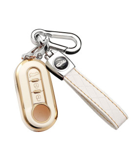 SANRILY Golden-edge 3 Button Key Fob Cover for Fiat 500 500C 500L 500X Keyless Full Protection Key Case Shell with Leather Keychain Off-white