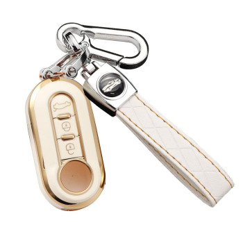 SANRILY Golden-edge 3 Button Key Fob Cover for Fiat 500 500C 500L 500X Keyless Full Protection Key Case Shell with Leather Keychain Off-white