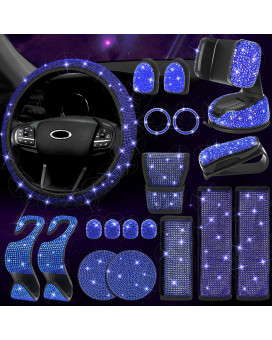 ARTILAURA 19 PCS Bling Car Accessories Set for Women, Steering Wheel Cover, Bling Seat Belt Covers, Rhinestone Gear Shift Cover, Bling Phone Holder, Hooks, Cup Coasters (Blue)