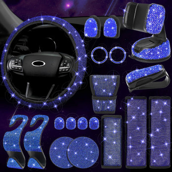 ARTILAURA 19 PCS Bling Car Accessories Set for Women, Steering Wheel Cover, Bling Seat Belt Covers, Rhinestone Gear Shift Cover, Bling Phone Holder, Hooks, Cup Coasters (Blue)