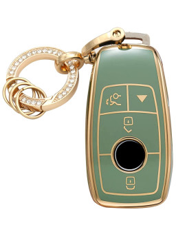 WSAuto for Mercedes Benz Key Fob Cover Soft TPU Protection Car Key Case Shell with Fashion Gold Bling Keychain Compatible with 2019-2021 A-Class C-Class G-Class 2017-2020 E-Class S-Class Green