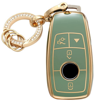 WSAuto for Mercedes Benz Key Fob Cover Soft TPU Protection Car Key Case Shell with Fashion Gold Bling Keychain Compatible with 2019-2021 A-Class C-Class G-Class 2017-2020 E-Class S-Class Green