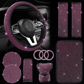 JINGSEN 11 Pcs Bling Car Accessories Set,Bling Car Accessories Set for Women, Bling Steering Wheel Cover for Women Universal Fit 15 Inch, Rhinestone Center Console Cover (Pink)