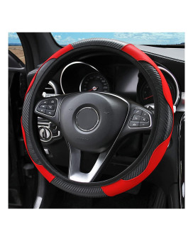 Car Steering Wheel Cover, Microfiber PU Leather Elastic Carbon Fiber Auto Steering Wheel Protector, 15 Inch Breathable Anti-Slip for Women Men, Car Interior Accessories for Most Cars (Black/Red)