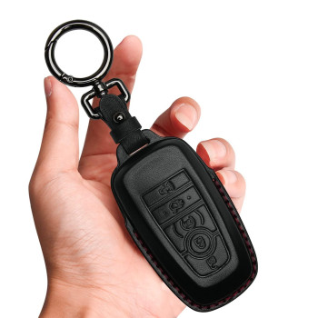 Tukellen for Ford Leather Key Fob Cover with Keychain Compatible with Ford Explorer Mustang Fusion Escape F150 F250 F350 F450 F550 Edge-Black (Red line)