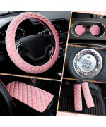 8 Pcs Pink Cute Car Accessories Set Includes Fluffy Steering Wheel Cover 2 Pcs Seat Belt Shoulder Pads Auto Center Console Pad 2 Pcs Cup Holders 2 Pcs Bling Start Button Ring Sticker for Women Girls