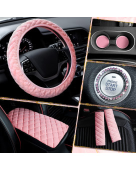 8 Pcs Pink Cute Car Accessories Set Includes Fluffy Steering Wheel Cover 2 Pcs Seat Belt Shoulder Pads Auto Center Console Pad 2 Pcs Cup Holders 2 Pcs Bling Start Button Ring Sticker for Women Girls