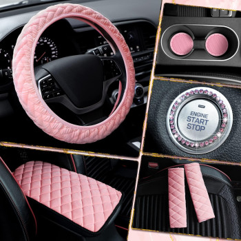 8 Pcs Pink Cute Car Accessories Set Includes Fluffy Steering Wheel Cover 2 Pcs Seat Belt Shoulder Pads Auto Center Console Pad 2 Pcs Cup Holders 2 Pcs Bling Start Button Ring Sticker for Women Girls