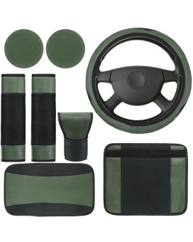 7 Pcs PU Leather Car Accessories Set Green Steering Wheel Covers Interior Car Decor for Women with Seatbelt Shoulder Covers Cup Mats Center Console Pad Gear Shift Cover, Warm in Winter, Cool in Summer