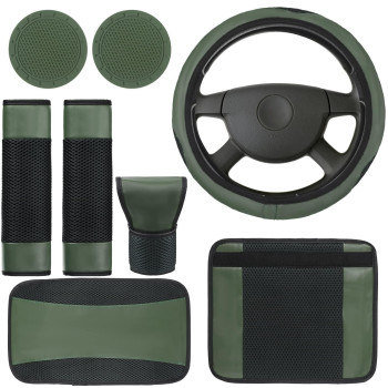 7 Pcs PU Leather Car Accessories Set Green Steering Wheel Covers Interior Car Decor for Women with Seatbelt Shoulder Covers Cup Mats Center Console Pad Gear Shift Cover, Warm in Winter, Cool in Summer