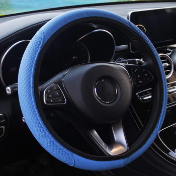 Leather car Steering Wheel cover, classical Leather Automotive Steering Wheel covers,Breathable, Non-Slip,Elastic, Universal 15 inch Steering Wheel Protector (Blue)