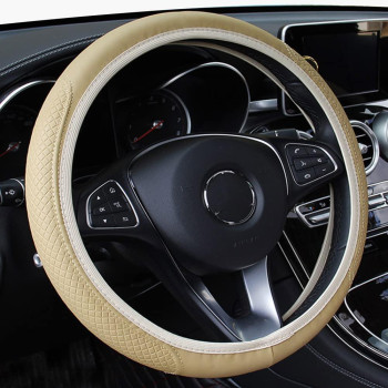 Leather car Steering Wheel cover, classical Leather Automotive Steering Wheel covers,Breathable, Non-Slip,Elastic, Universal 15 inch Steering Wheel Protector (Beige)