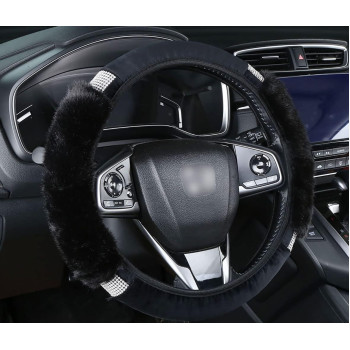 Vacallity Steering Wheel Cover, Universal Fluffy Bling Cute Non-Slip Soft Faux Wool Wheel Cover with Rhinestone, Car Accessories for Women & Girl(Black)