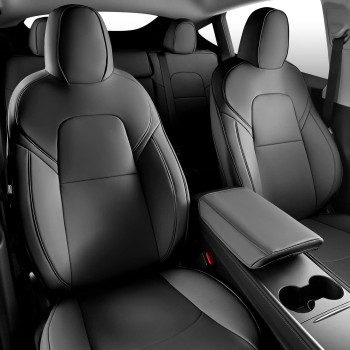 Maysoo Tesla Model Y Seat Covers Nappa Leather Car Seat Covers, for Tesla Model Y 2023 2022-2020 5 Seat Black Car Seat Cover Car Interior Cover All Weather Protection(Black-Nappa,Model Y(Full Set))