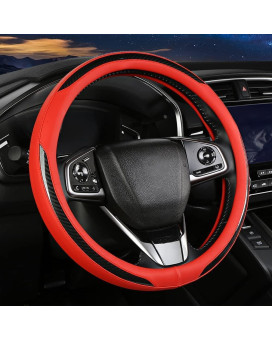 Steering Wheel Cover - Leather Steering Wheel Cover Anti-Slip Soft Breathable Car Wheel Cover Universal Fit Smooth Microfiber Steering Wheel Protector for Women Men Red