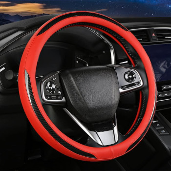 Steering Wheel Cover - Leather Steering Wheel Cover Anti-Slip Soft Breathable Car Wheel Cover Universal Fit Smooth Microfiber Steering Wheel Protector for Women Men Red