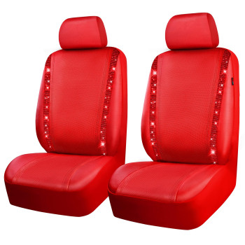 CAR PASS Bling Red Car Seat Covers, Shining Rhinestone Waterproof Faux Leather Car Accessories Two Front Only Universal Fit Auto Glitter Crystal Sparkle Strips for Cute Women Girl, Red Diamond