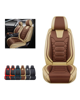 OASIS AUTO Car Seat Covers Premium Waterproof Faux Leather Cushion Universal Accessories Fit SUV Truck Sedan Automotive Vehicle Auto Interior Protector Front Pair (OD-004 Tan&Brown)