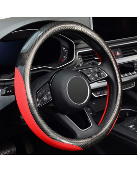 LABBYWAY New Carbon Fiber Leather Auto Car Steering Wheel Cover,Universal Fit 15 Inch Anti-Slip Wheel Protector (Red)