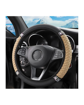 Bling Steering Wheel Cover, Universal 15 Inch Soft PU Leather with Colorful Rhinestones, Crystal Diamond Elastic Steering Wheel Protector, Sparkly Auto Accessories for Women Girl (Beige)