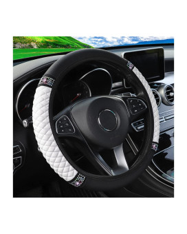 Bling Leather Steering Wheel Cover, Colorful Rhinestones Elastic Steering Wheel Protector, PU Soft Leather with Crystal Diamond, Sparkling Car Accessories for Most Cars (White)