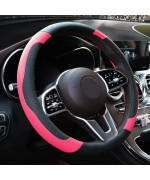 Xizopucy Pink Steering Wheel cover Microfiber Leather Sporty car Accessories for Men and Women,Breathable Non-Slip Universal Fit 14 12-15 Inch(Black and Pink)