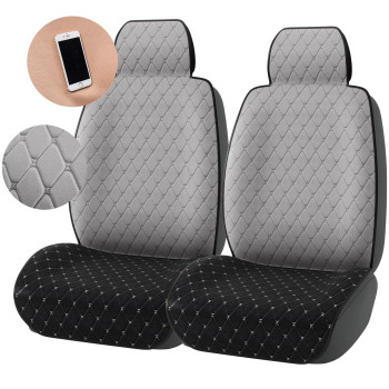 CAR PASS Linen Car Seat Cover Two Front, Anti-Slip Cotton Seat Cushion for Women,Rhombus Stitch Sideless Front Set Easy Install 30sec, Universal Fit for SUV Sedan Van Truck Vehicle(Gray)