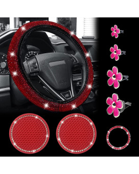 8 Pcs Leather Steering Wheel Cover for Women Cute Car Accessories Set with Covers Cup Holders Bling Start Button Ring Sticker Air Vent Clip Car Accessories