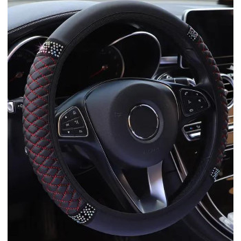 TRNOI Leather Steering Wheel Cover 15inch,Rhinestones Car Elastic Steering Wheel Protector,Car Accessories for Most Cars(Red4,1PC)