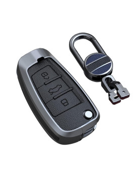 SANRILY Keyless Black Flip Key Fob Cover for Audi Q3 Q7 A3 A1 TT R8 Metal Leather Key Case Shell with Keychain