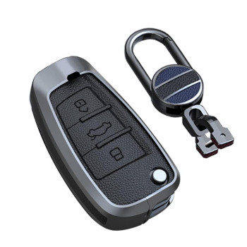 SANRILY Keyless Black Flip Key Fob Cover for Audi Q3 Q7 A3 A1 TT R8 Metal Leather Key Case Shell with Keychain