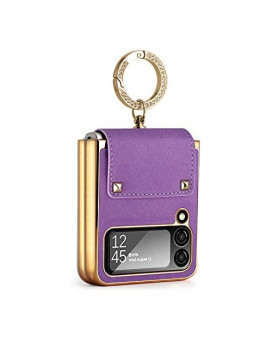 XIMAND for Samsung galaxy Z Flip 4 with Luxury Sparkle Ring and Purple Soft Leather,golden Bumper Shockproof Protector,great gift for Women Ladys grils