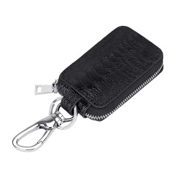 PIJUSHI Genuine Ostrich Leather Car Key Case Holder Lether Key Bag with Metal Hook Remote Key Fob for Car Keychain(8-Yao03 Black)