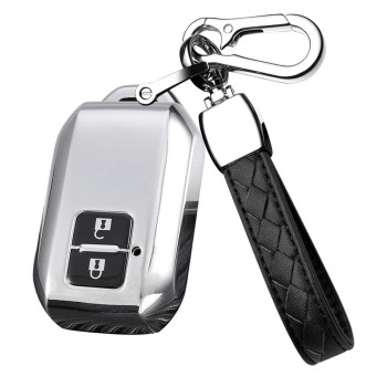 HIBEYO for Suzuki Key Fob Cover TPU Smart 2 Button Key Case Compatible with Suzuki Swift 2017 2018 Wagon R Replacement Car Accessories with Leather Keychain-Silver