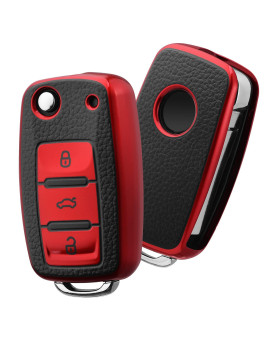 ELOHEI for VW Key Fob Cover, Premium Soft TPU 361 Degree Full Protection for VW Volkswagen Jetta Beetle Tiguan Passat Golf MK6 Polo 3 Buttons(Leather Red)