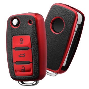 ELOHEI for VW Key Fob Cover, Premium Soft TPU 361 Degree Full Protection for VW Volkswagen Jetta Beetle Tiguan Passat Golf MK6 Polo 3 Buttons(Leather Red)