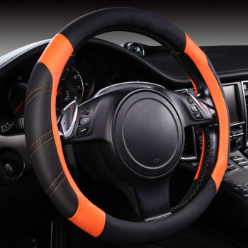 CAR PASS Line Rider Microfiber Leather Sporty Steering Wheel Cover Universal Fits for 95% Truck,SUV,Cars,14.5-15inch Anti-Slip Safety Comfortable Desgin (Black-Orange)