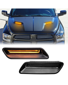 R&F Auto Clear Lens Sequential LED Hood Vent Lights Compatible with Ram 1500 (2010-2018) / Ram 1500 Classic (2019-2022) Hood Scoop Lamp Dynamic Indicator Turn Signal Light Hood Bezel Driving Light