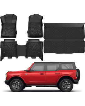 Floor Mats for Ford Bronco Accessories 4 Door 2023 2022 2021, Floor Mat Trunk Mat Set with Vel-cro Split Dog Cargo Liner Cover for Ford Bronco Accessories 2021 2022 2023 4 Doors, Black TPE 4PCS