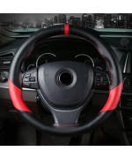 DEEYOTA Car Steering Wheel Cover Universal Fit Round Stitch Steering Wheel Wrap Thin PU Leather Steering Wheel Cover Sewn on 15 Car Wheel (Red)