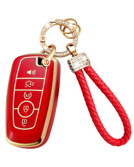 OLLEN TPU Key Fob Cover Fit for Ford Fusion F150 F250 F350 F450 F550 Escape Expedition Explorer Edge Maverick Mustang Ranger, etc, Full Protection Key Case Holder, with Bling Leather Keychain, Red