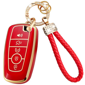 OLLEN TPU Key Fob Cover Fit for Ford Fusion F150 F250 F350 F450 F550 Escape Expedition Explorer Edge Maverick Mustang Ranger, etc, Full Protection Key Case Holder, with Bling Leather Keychain, Red