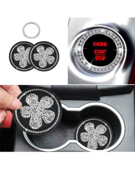 2pcs Flower Car Coasters & 1pcs Push to Start Button Cover Ring Cute Car Accessories for Women Interior 2.75 inch